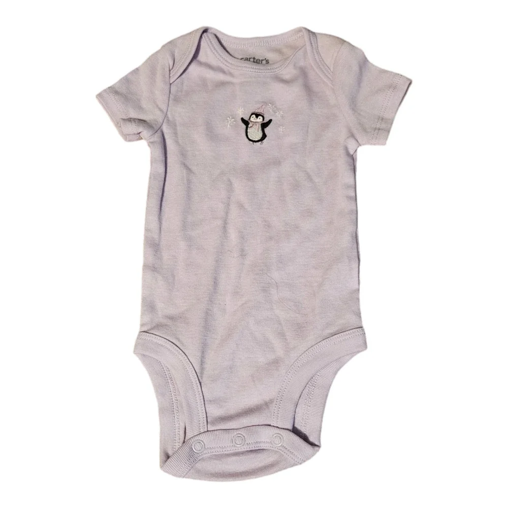 Carter's 0-3m Short Sleeve Purple Penguin Snap Closure Bodysuit